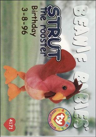 Beanie Babies Series 1 (Birthday or Rookie Subset) card 47-B Strut The Rooster Blue Lettering