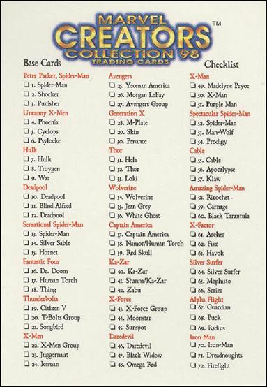 Marvel Creators Collection '98 (Base Set) card nn Checklist